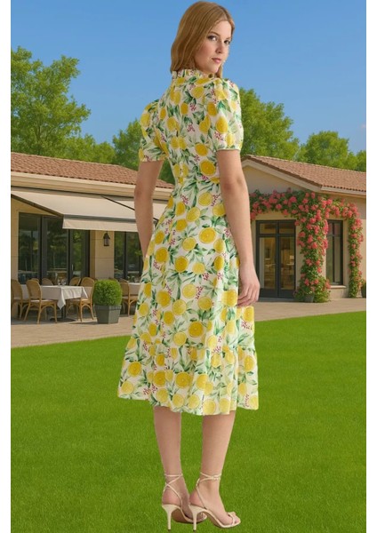 Şık A Kesim Midi Elbise Balon Kol Polyester Dokuma Yazlık Konforlu Kesim Rahat ve Şık Seçkin Malzeme modelleri