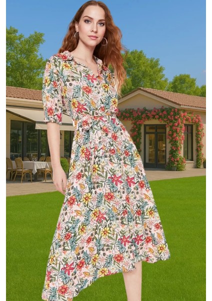 Kadın Şık Midi Boy Viskoz Elbise Animal Desenli Kuşak Detayı Casual Rahat Kullanım Şık Görünüm