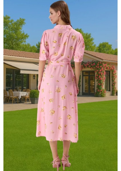 Kadın Şık Midi Boy Viskoz Elbise Animal Desenli Kuşak Detayı Casual Rahat Kullanım Şık Görünüm