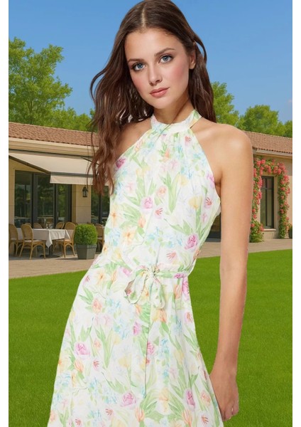 Astarlı Şifon Halter Yaka Kuşaklı Midi Elbise Yazlık Rahat Konforlu Kesim Günlük Kullanım Için