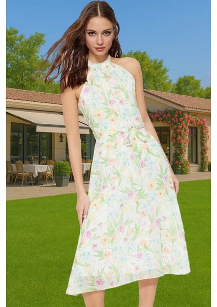 Astarlı Şifon Halter Yaka Kuşaklı Midi Elbise Yazlık Rahat Konforlu Kesim Günlük Kullanım Için fiyatları