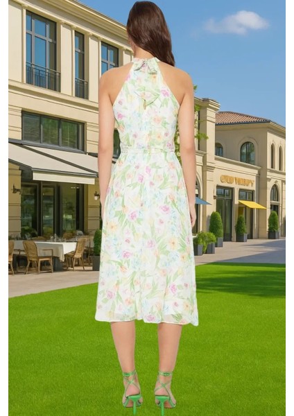 Astarlı Şifon Halter Yaka Kuşaklı Midi Elbise Yazlık Rahat Konforlu Kesim Günlük Kullanım Için modelleri