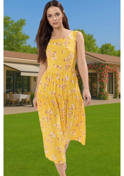 Şık Çiçekli Desenli Midi Boy Skater Elbise Viskoz Kumaş Rahat Kaliteli Işçilik Trend Tasarım modelleri