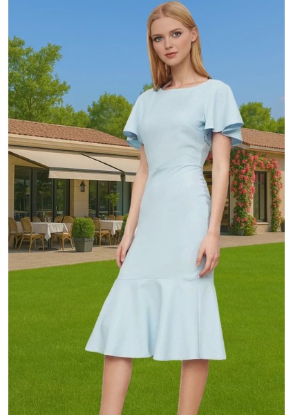 Şık Kadın Kısa Kollu Midi Elbise Polyester Elastan Kumaş Premium Kalite Trend Tasarım Seçkin Malzeme fiyatları