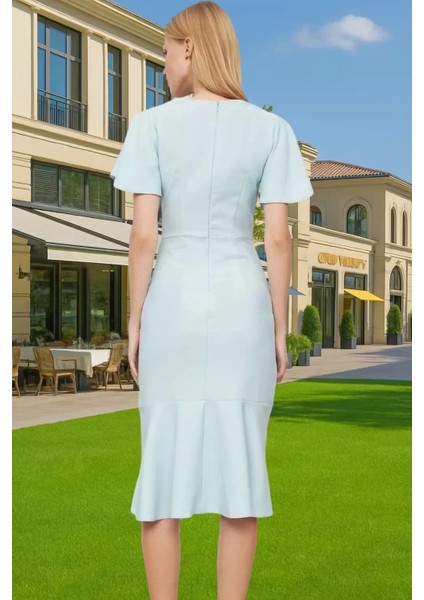 Şık Kadın Kısa Kollu Midi Elbise Polyester Elastan Kumaş Premium Kalite Trend Tasarım Seçkin Malzeme modelleri