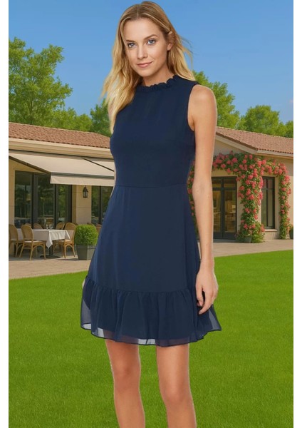 Astarlı Şifon Mini Elbise Dik Yaka A Kesim Polyester Yazlık Seçkin Malzeme Profesyonel Görünüm