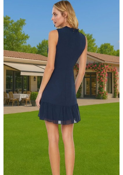 Astarlı Şifon Mini Elbise Dik Yaka A Kesim Polyester Yazlık Seçkin Malzeme Profesyonel Görünüm modelleri