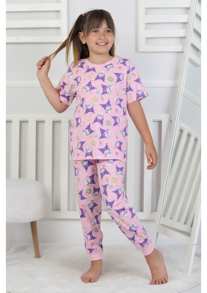 Isob Pembe Kuromi Desenli %100 Pamuk Kız Çocuk Kısa Kollu Pijama Takımı 3-8 Yaş 41219-P