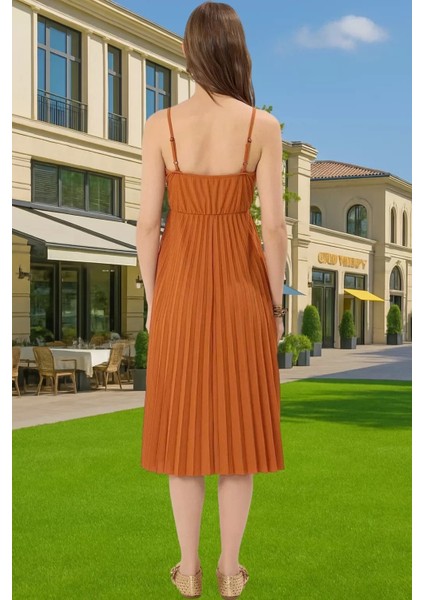 Yazlık Casual Ayarlanabilir Askılı Pileli Midi Elbise Seçkin Malzeme Yüksek Kalite Rahat Kullanım