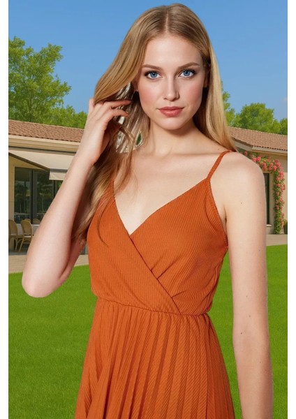 Yazlık Casual Ayarlanabilir Askılı Pileli Midi Elbise Seçkin Malzeme Yüksek Kalite Rahat Kullanım modelleri