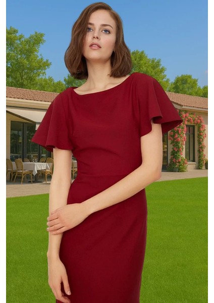 Şık Kadın Kısa Kollu Midi Elbise Polyester Elastan Kumaş Premium Kalite Trend Tasarım Seçkin Malzeme