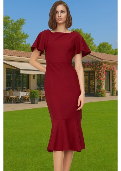 Şık Kadın Kısa Kollu Midi Elbise Polyester Elastan Kumaş Premium Kalite Trend Tasarım Seçkin Malzeme fiyatları