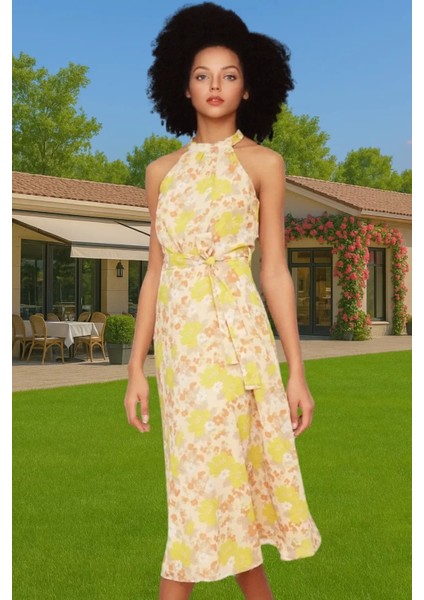 Astarlı Şifon Halter Yaka Kuşaklı Midi Elbise Yazlık Rahat Konforlu Kesim Günlük Kullanım Için fiyatları