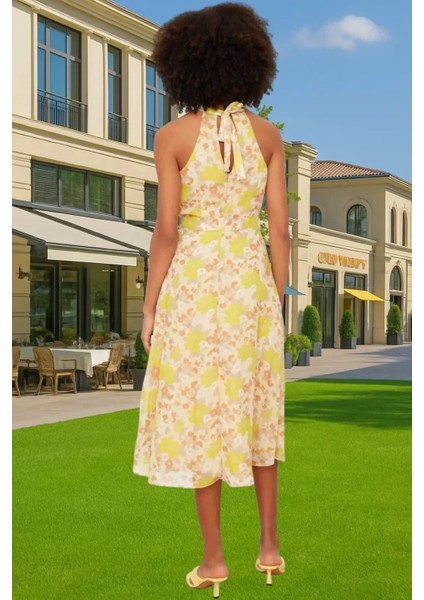 Astarlı Şifon Halter Yaka Kuşaklı Midi Elbise Yazlık Rahat Konforlu Kesim Günlük Kullanım Için modelleri