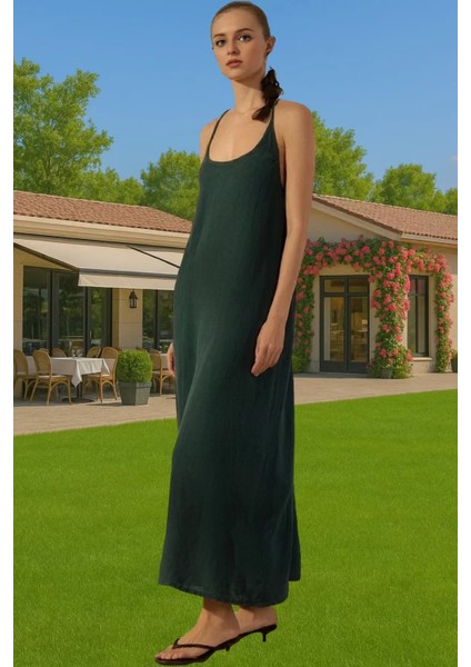 Kadın %100 Keten Maxi Elbise V Yaka Sırt Detaylı Yazlık Şık Görünüm Uzun Ömürlü Şık Görünüm