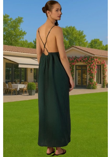 Kadın %100 Keten Maxi Elbise V Yaka Sırt Detaylı Yazlık Şık Görünüm Uzun Ömürlü Şık Görünüm modelleri