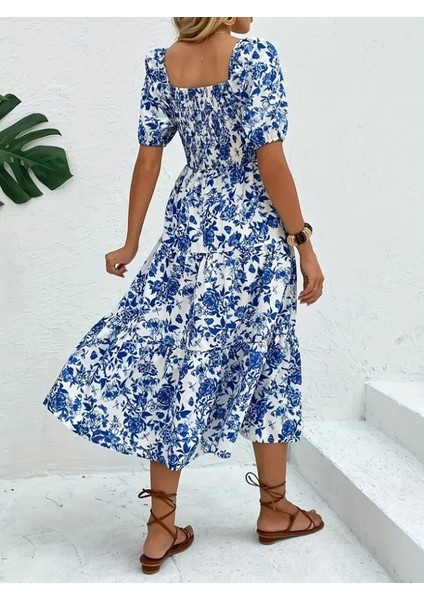 Kadın Kısa Kollu Kare Yakalı Lastikli Desenli Süprem Elbise modelleri