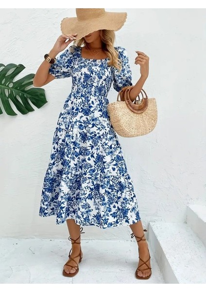 Kadın Kısa Kollu Kare Yakalı Lastikli Desenli Süprem Elbise fırsatları