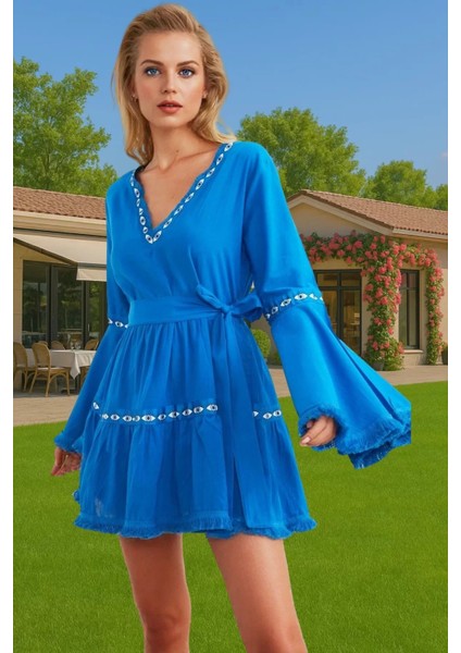 Pamuk Vual Mini Elbise Büzgülü Kol Yazlık Plaj Elbisesi Özel Tasarım Rahat ve Şık Kaliteli Işçilik