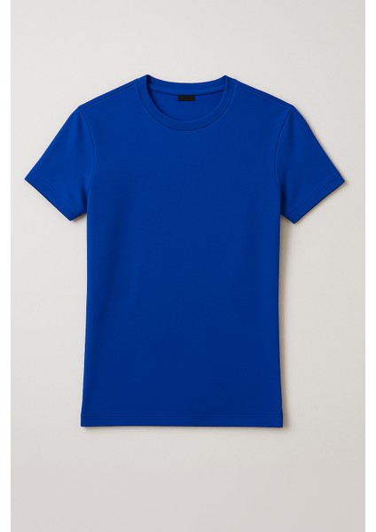 Düz Mavi Renk Basic Unisex Slim Fit Tişört