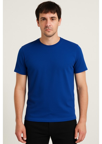 Düz Mavi Renk Basic Unisex Slim Fit Tişört fiyatları