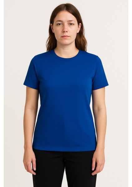Düz Mavi Renk Basic Unisex Slim Fit Tişört modelleri