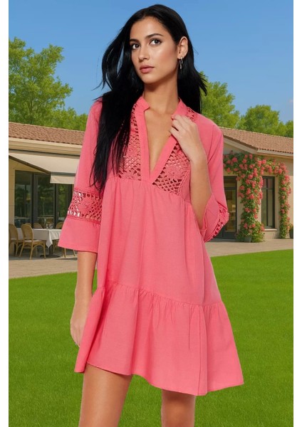 Pamuklu Dantelli V Yaka Mini Yazlık Plaj Elbisesi Kadın Zarifane Tasarım Modern Stil Yüksek Kalite