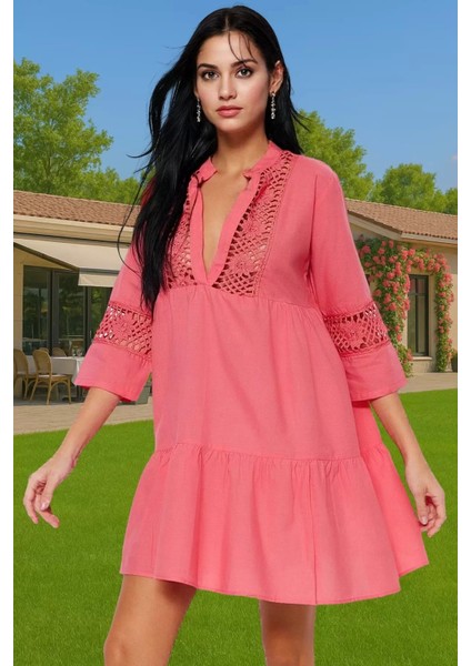 Pamuklu Dantelli V Yaka Mini Yazlık Plaj Elbisesi Kadın Zarifane Tasarım Modern Stil Yüksek Kalite fiyatları