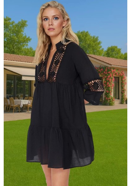 Pamuklu Dantelli V Yaka Mini Yazlık Plaj Elbisesi Kadın Zarifane Tasarım Modern Stil Yüksek Kalite fiyatları