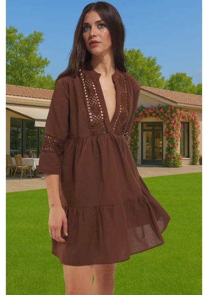Pamuklu Dantelli V Yaka Mini Yazlık Plaj Elbisesi Kadın Zarifane Tasarım Modern Stil Yüksek Kalite