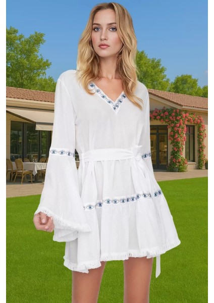 Pamuk Vual Mini Elbise Büzgülü Kol Yazlık Plaj Elbisesi Özel Tasarım Rahat ve Şık Kaliteli Işçilik fiyatları