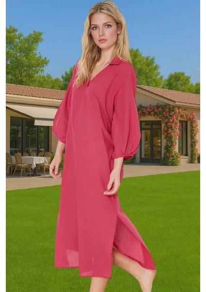 Şık V Yaka Pamuk Vual Midi Elbise Geniş Kalıp Balon Kol Yazlık Seçkin Malzeme Kaliteli Işçilik