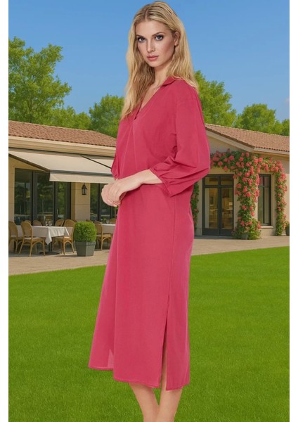 Şık V Yaka Pamuk Vual Midi Elbise Geniş Kalıp Balon Kol Yazlık Seçkin Malzeme Kaliteli Işçilik fiyatları