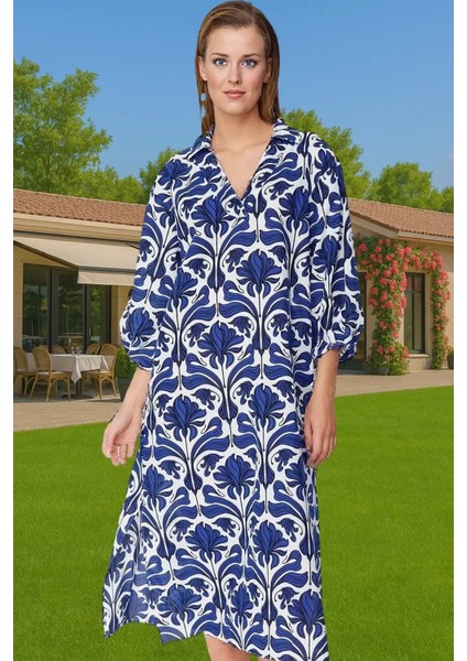 Şık V Yaka Pamuk Vual Midi Elbise Geniş Kalıp Balon Kol Yazlık Seçkin Malzeme Kaliteli Işçilik