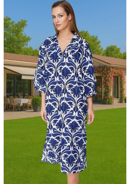 Şık V Yaka Pamuk Vual Midi Elbise Geniş Kalıp Balon Kol Yazlık Seçkin Malzeme Kaliteli Işçilik fiyatları