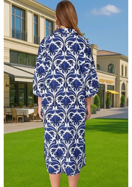 Şık V Yaka Pamuk Vual Midi Elbise Geniş Kalıp Balon Kol Yazlık Seçkin Malzeme Kaliteli Işçilik modelleri