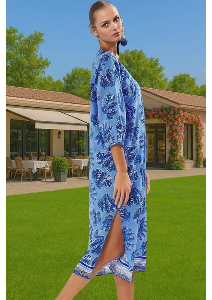 Şık V Yaka Pamuk Vual Midi Elbise Geniş Kalıp Balon Kol Yazlık Seçkin Malzeme Kaliteli Işçilik