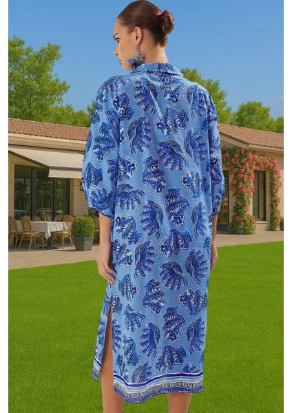 Şık V Yaka Pamuk Vual Midi Elbise Geniş Kalıp Balon Kol Yazlık Seçkin Malzeme Kaliteli Işçilik fiyatları