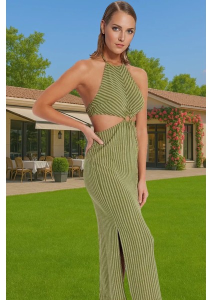 Rahat ve Şık Halter Yaka Maxi Elbise Polyester Karışımlı Yazlık Yüksek Kalite Premium Kalite