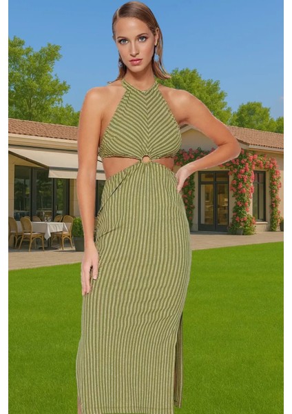 Rahat ve Şık Halter Yaka Maxi Elbise Polyester Karışımlı Yazlık Yüksek Kalite Premium Kalite fiyatları