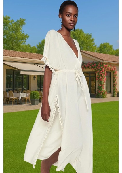 Yazlık Feminen Püsküllü Maxi Plaj Elbisesi V Yaka Seçkin Malzeme Profesyonel Görünüm Rahat Kullanım