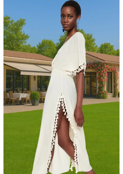 Yazlık Feminen Püsküllü Maxi Plaj Elbisesi V Yaka Seçkin Malzeme Profesyonel Görünüm Rahat Kullanım fiyatları