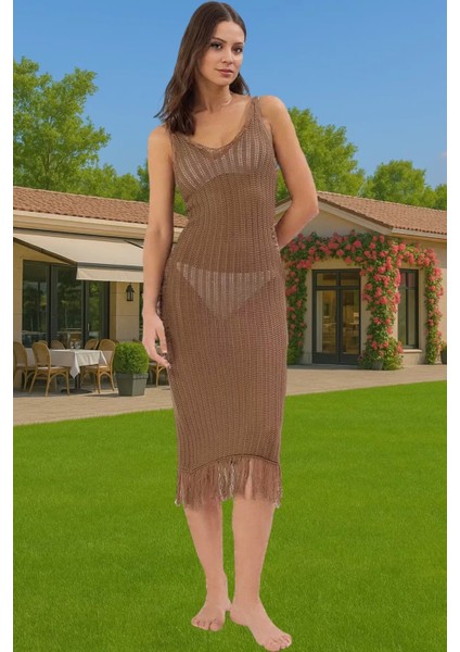 Vücuda Oturan Örme Maxi Elbise Püskül Detayı Rahat Yazlık Model Özenle Seçilmiş Modern Stil