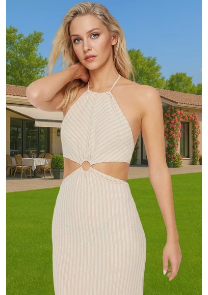 Rahat ve Şık Halter Yaka Maxi Elbise Polyester Karışımlı Yazlık Yüksek Kalite Premium Kalite