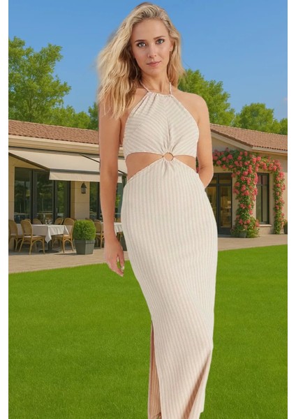 Rahat ve Şık Halter Yaka Maxi Elbise Polyester Karışımlı Yazlık Yüksek Kalite Premium Kalite fiyatları