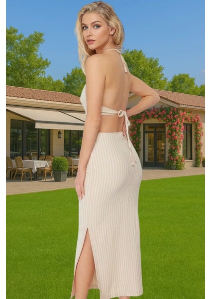 Rahat ve Şık Halter Yaka Maxi Elbise Polyester Karışımlı Yazlık Yüksek Kalite Premium Kalite modelleri