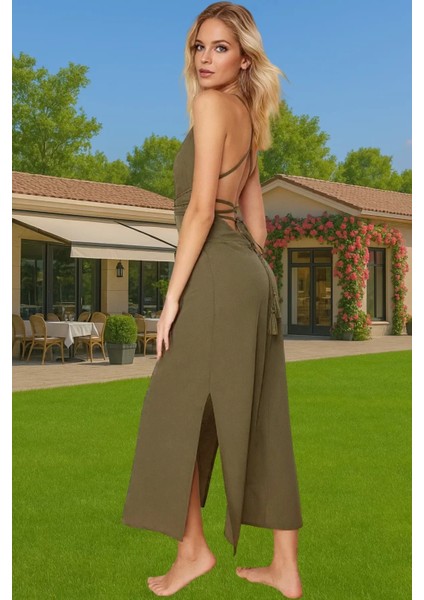 Rahat ve Şık Kadın Plaj Elbisesi Midi Boy V Yaka Viskoz Polyester Rahat Kullanım