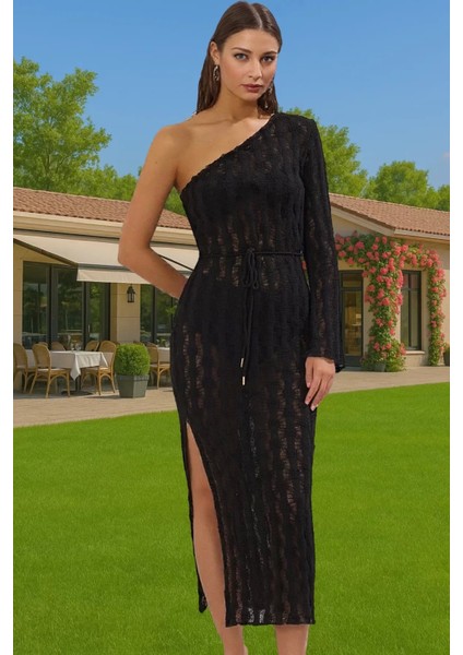 Asimetrik Yaka Uzun Kollu Triko Plaj Elbisesi Kemer Detaylı Şık Dayanıklı Malzeme Konforlu Kesim