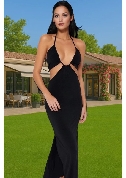 Plaj Için Örme Maxi Elbise Cut Out Detaylarla Profesyonel Görünüm Uzun Ömürlü Dayanıklı Malzeme