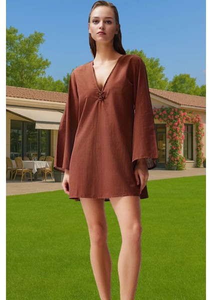 Kadın %100 Pamuk Mini Plaj Elbisesi V Yaka Uzun Kollu Rahat Yüksek Kalite Profesyonel Görünüm